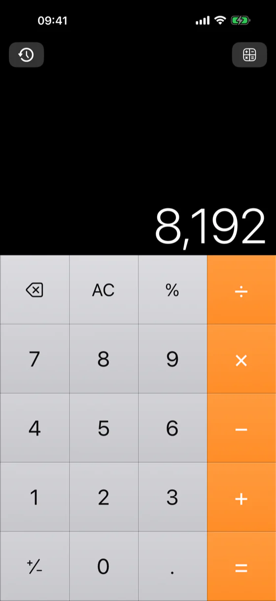 The Calc² keypad: a black display reading 8,192 above four columns of full square keys, with the orange operator column down the right.