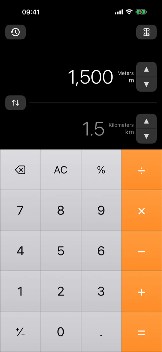 Calc² unit converter turning 1,500 meters into 1.5 kilometers above the keypad.