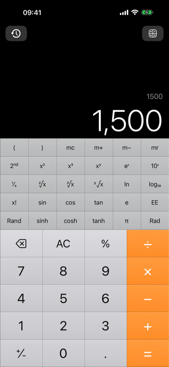 Calc² scientific keypad in portrait: memory keys, powers, roots, logs, trigonometric and hyperbolic functions above the number pad.